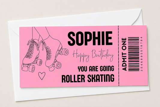 Surprise Ticket Print | Personalised Pink Roller Skating Ticket Pass Voucher Membership | Gift Idea