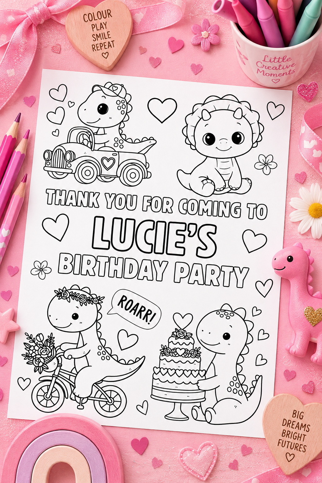 A6 Colouring Sheets | Personalised Girl Dinosaur Colouring Sheets | Party Bag Favours - Dinky Designs