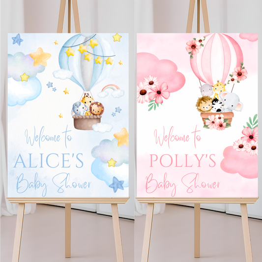 Pink OR Blue Safari Animal Hot Air Balloon Welcome Board Sign | Personalised Baby Shower, Birthday, Christening Party Board | Party Sign | A4, A3, A2, A1