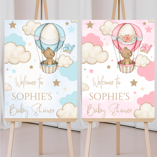 Pink OR Blue Bear Hot Air Balloon Welcome Board Sign | Personalised Baby Shower, Birthday, Christening Party Board | Party Sign | A4, A3, A2, A1