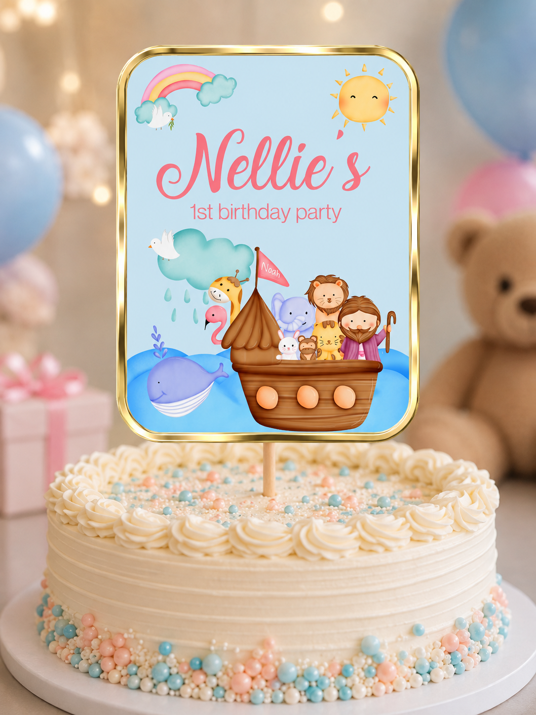 Cake Topper | Personalised Noah's Ark Cake Topper | Noah's Ark Party Supplies - Dinky Designs