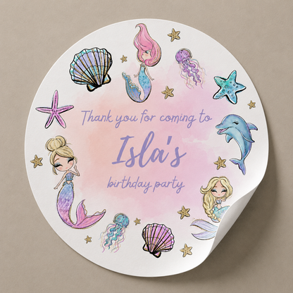 Mermaid Party Stickers | Circle Stickers | Sticker Sheet | Party Stickers | Mermaid Party Theme - Dinky Designs