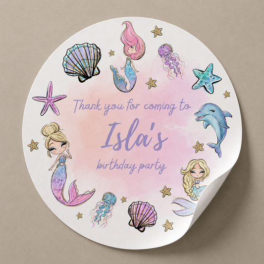 Mermaid Party Stickers | Circle Stickers | Sticker Sheet | Party Stickers | Mermaid Party Theme - Dinky Designs