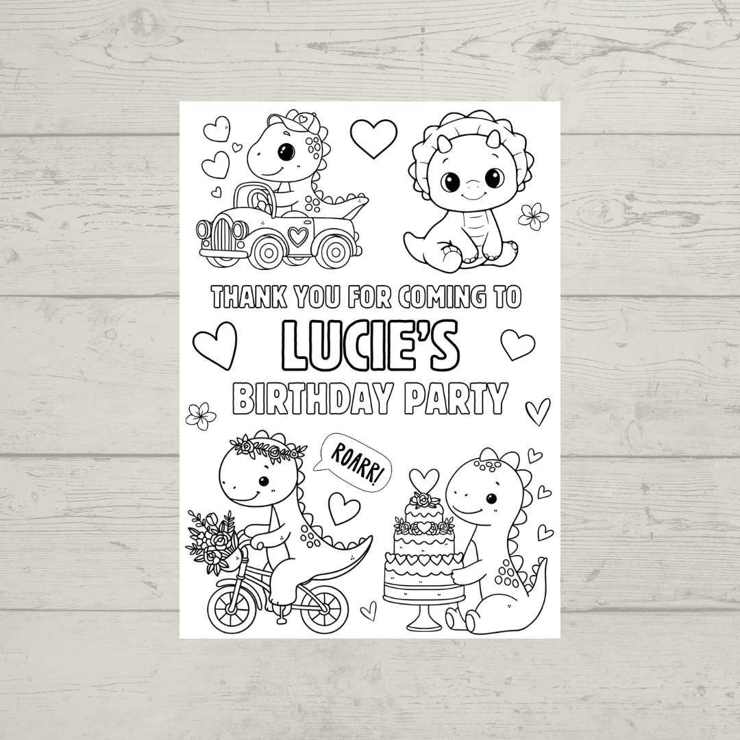 A6 Colouring Sheets | Personalised Girl Dinosaur Colouring Sheets | Party Bag Favours - Dinky Designs