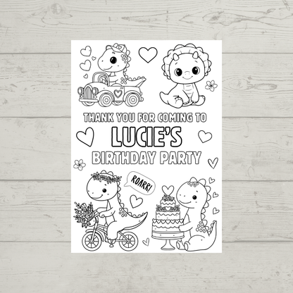 A6 Colouring Sheets | Personalised Girl Dinosaur Colouring Sheets | Party Bag Favours - Dinky Designs