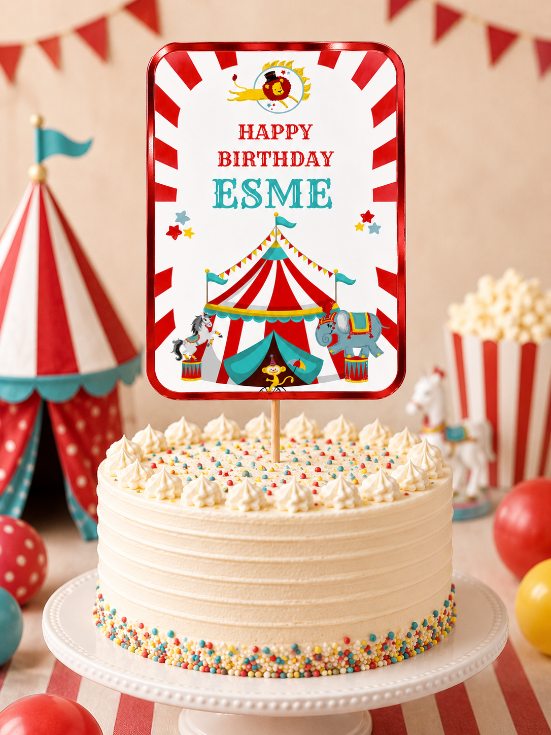 Cake Topper | Personalised Circus Cake Topper | Circus Party Supplies | Design 2 - Dinky Designs