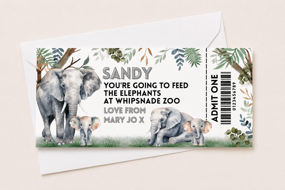 Surprise Ticket Print | Personalised Elephant Ticket Pass Voucher Membership | Gift Idea - Dinky Designs