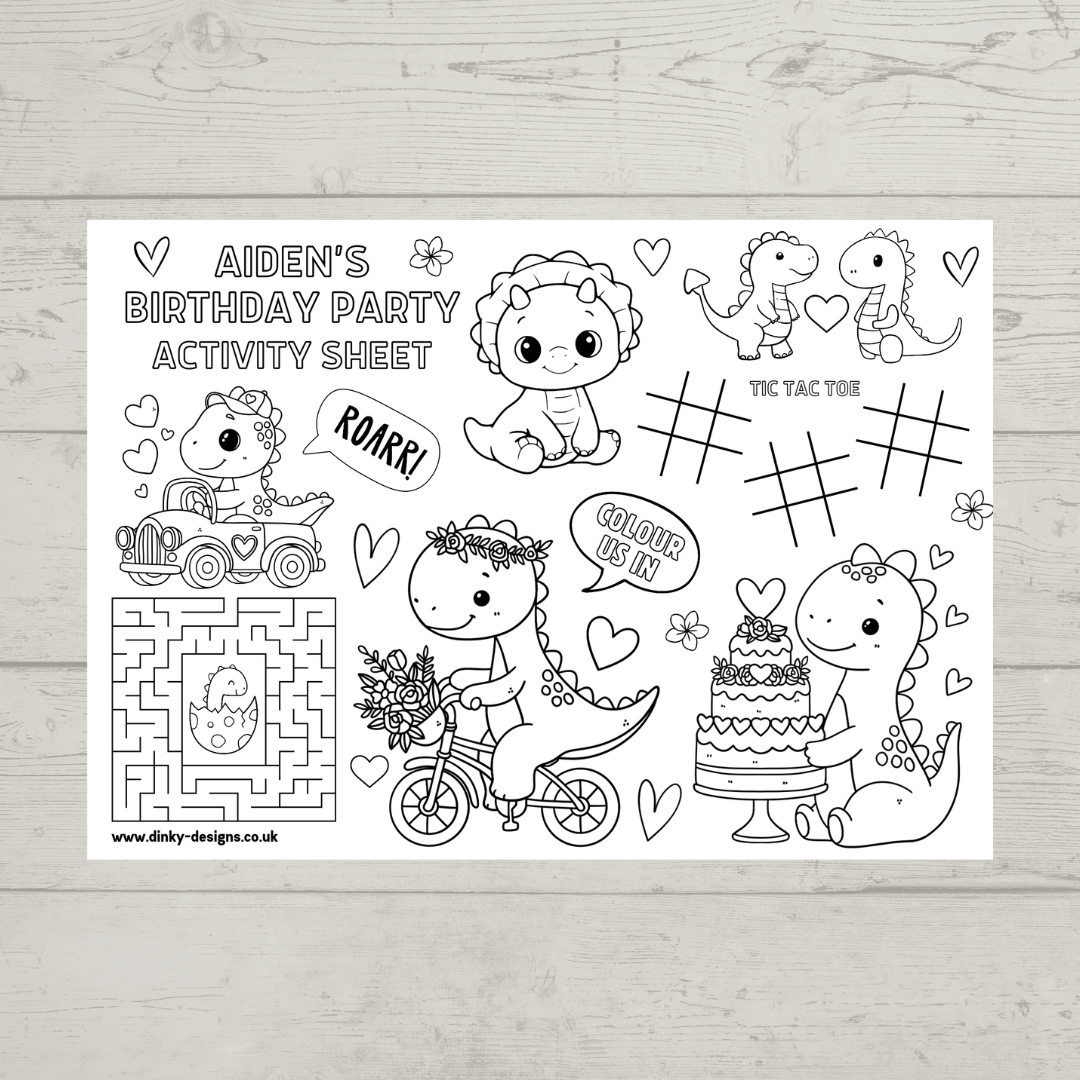 A4 Colouring Activity Sheets | Personalised Girl Dinosaur Design Activity Sheets | Dinosaur Placemats - Dinky Designs