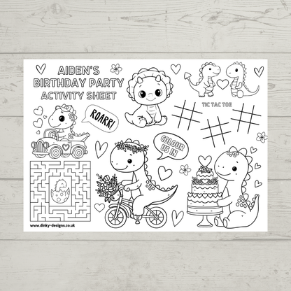 A4 Colouring Activity Sheets | Personalised Girl Dinosaur Design Activity Sheets | Dinosaur Placemats - Dinky Designs