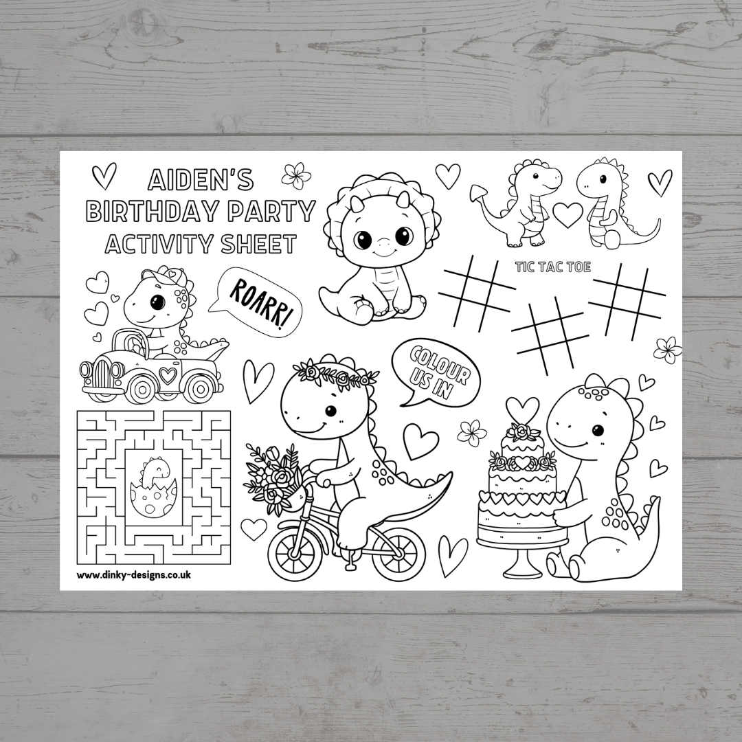 A4 Colouring Activity Sheets | Personalised Girl Dinosaur Design Activity Sheets | Dinosaur Placemats - Dinky Designs