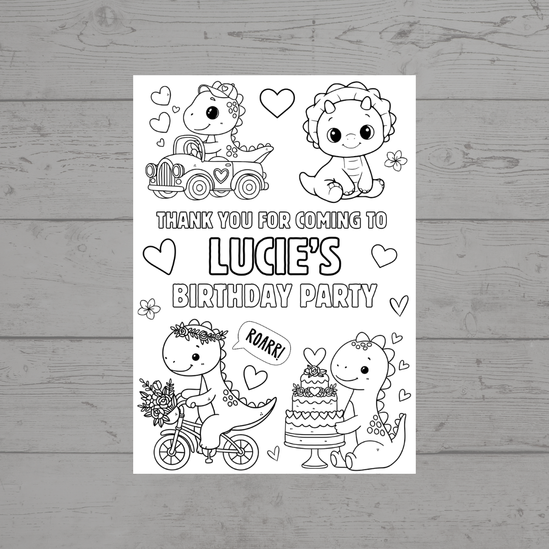A6 Colouring Sheets | Personalised Girl Dinosaur Colouring Sheets | Party Bag Favours - Dinky Designs