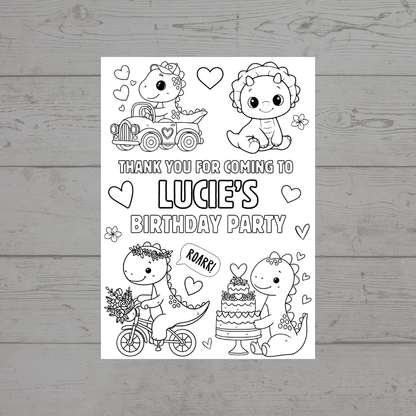 A6 Colouring Sheets | Personalised Girl Dinosaur Colouring Sheets | Party Bag Favours - Dinky Designs