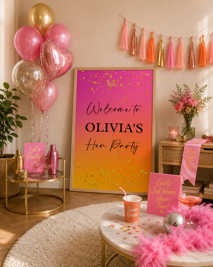 Pink, Orange & Gold Welcome Print Sign | Personalised Birthday, Hen Party Print | Party Sign | A4, A3