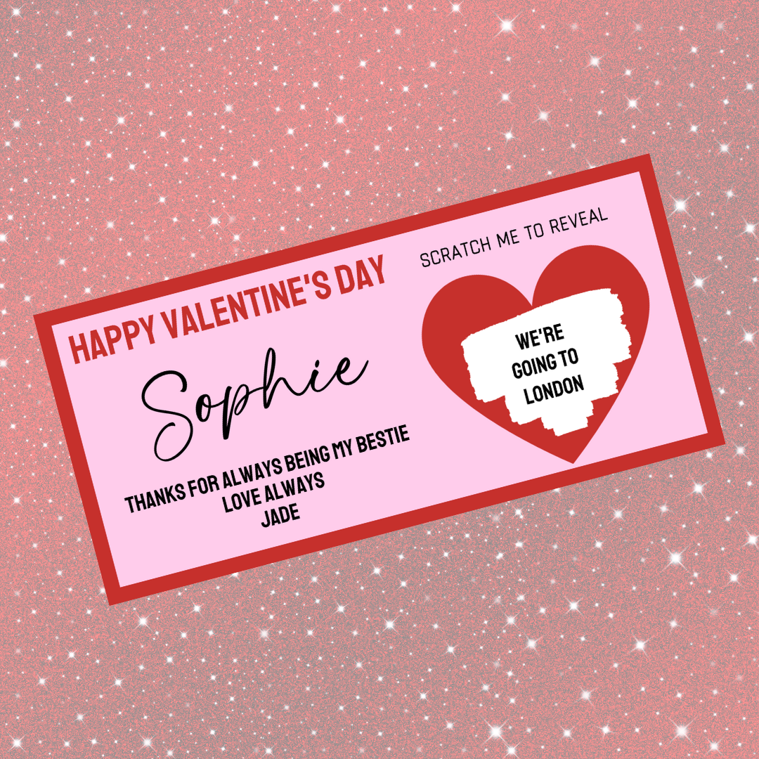 Red & Pink Surprise Valentine Ticket Print | Personalised Valentine Ticket | Valentine Scratch Reveal | Bestie, Best Friend Valentine | Gift Idea, Design 2