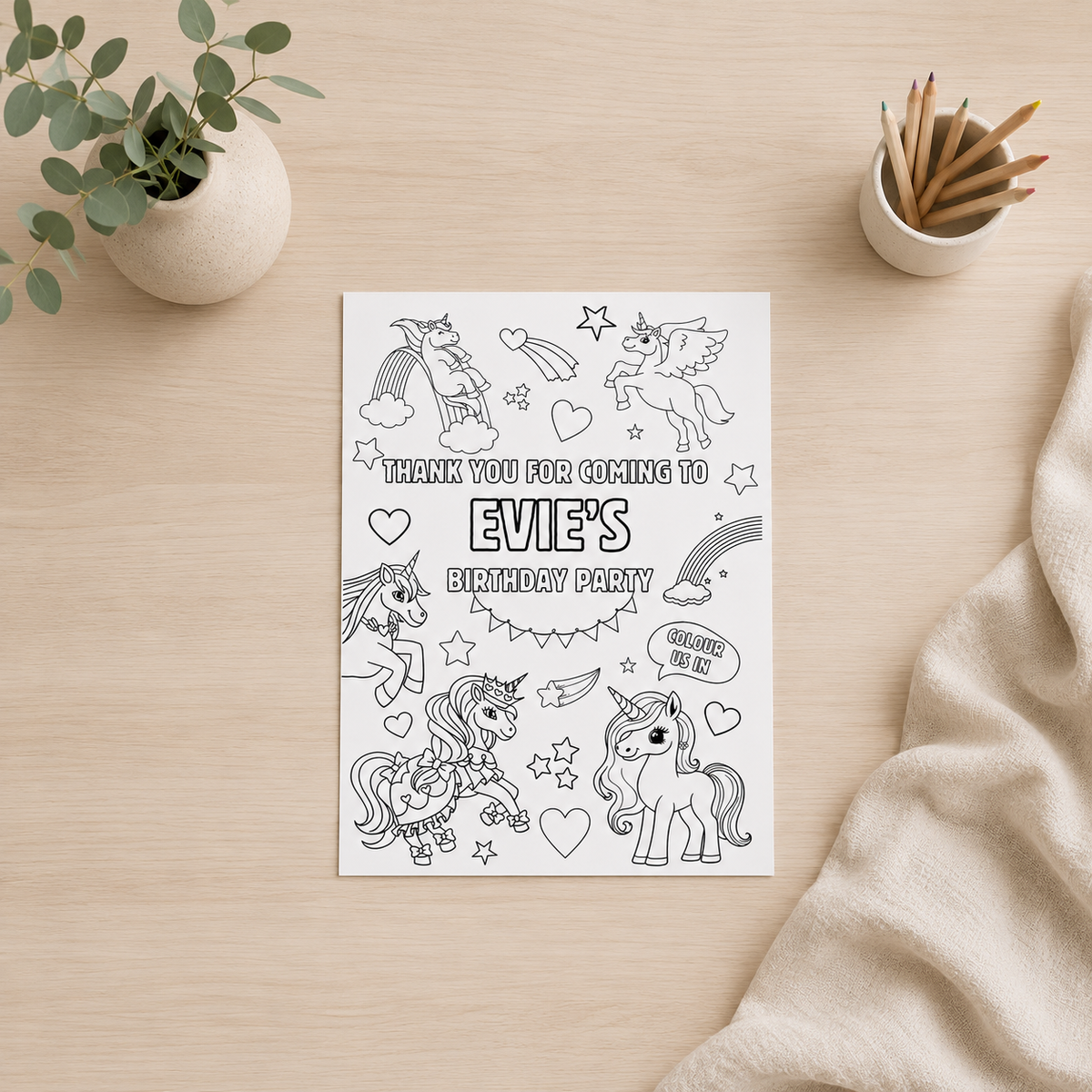 A6 Colouring Sheets | Personalised Unicorn Colouring Sheets | Party Bag Favours - Dinky Designs
