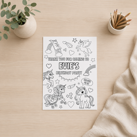 A6 Colouring Sheets | Personalised Unicorn Colouring Sheets | Party Bag Favours - Dinky Designs
