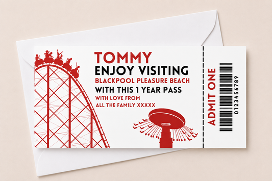Surprise Ticket Print | Personalised Red Theme Park Ticket Pass Voucher Membership | Gift Idea - Dinky Designs