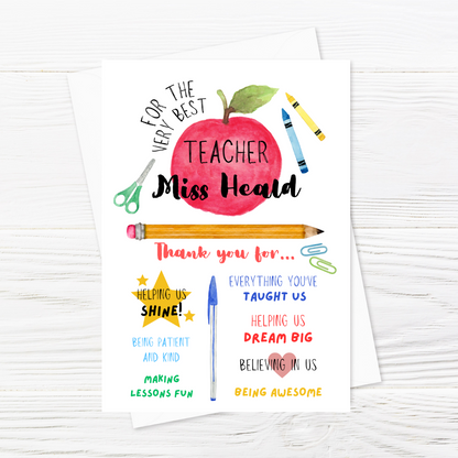 Teacher Card | Personalised Teacher - Nursery Card | School Card