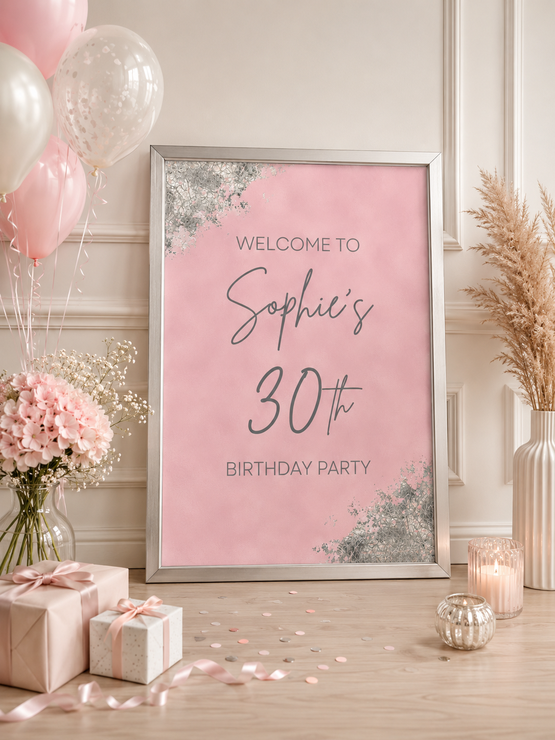 Pink Silver Welcome Print Sign | Personalised Birthday Print | Pink & Silver Birthday Party Table  Print | A4, A3