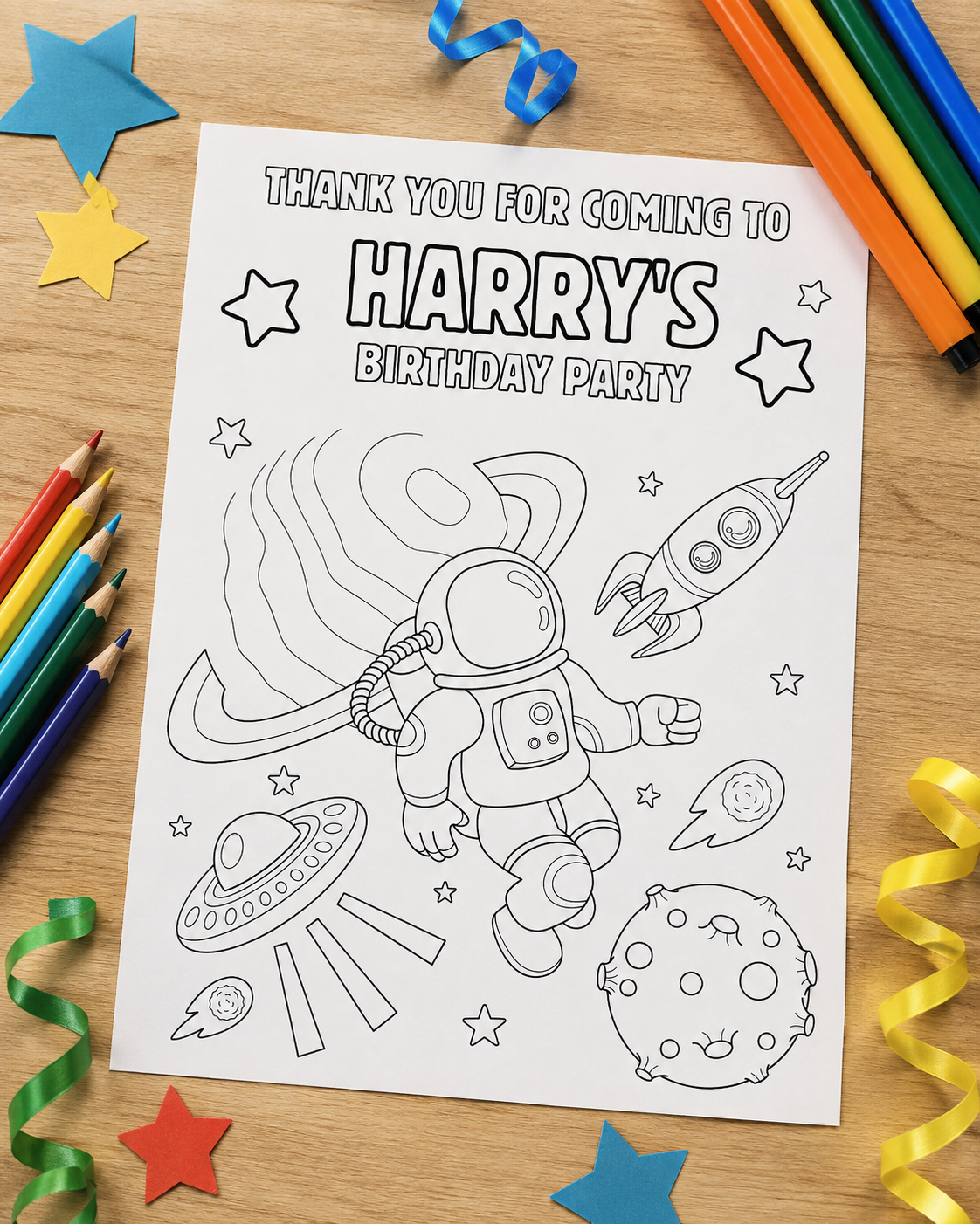 A6 Colouring Sheets | Personalised Space Colouring Sheets | Party Bag Favours | Design 1