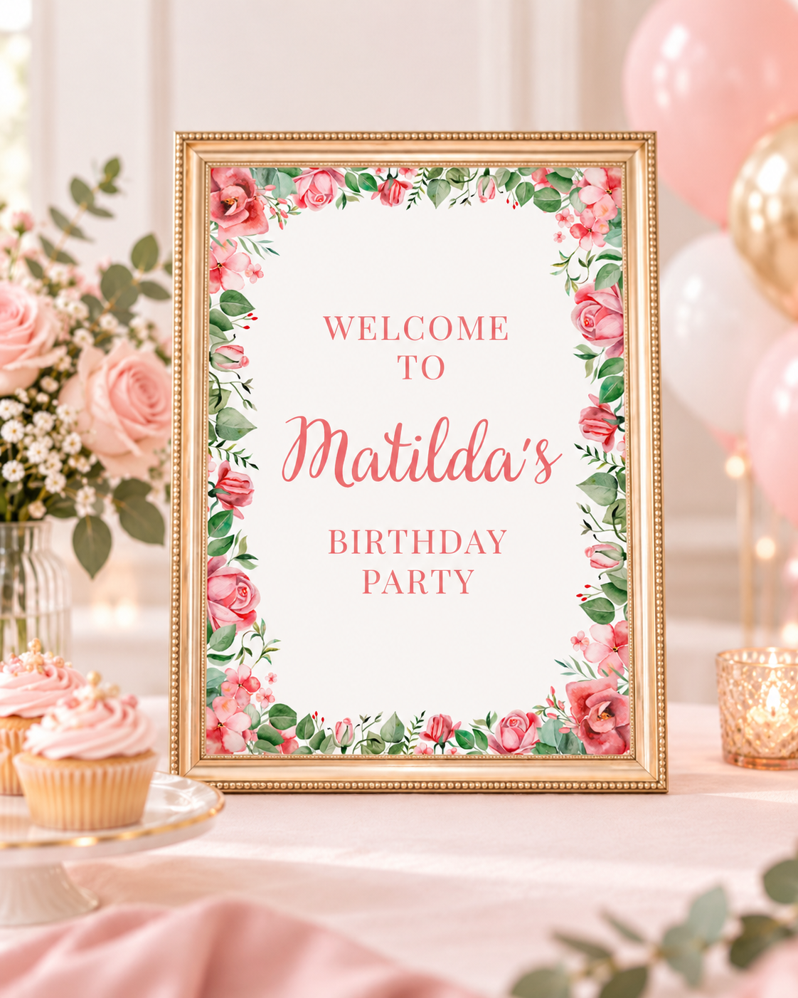 Fuchsia Pink Floral Roses Welcome Sign | Personalised Baby Shower, Birthday Party Table Print | Party Poster Sign | A4, A3 - Dinky Designs