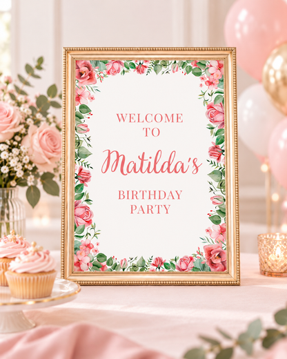Fuchsia Pink Floral Roses Welcome Sign | Personalised Baby Shower, Birthday Party Table Print | Party Poster Sign | A4, A3 - Dinky Designs