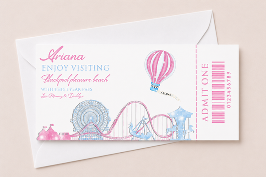 Surprise Ticket Print | Personalised Pink Theme Park Ticket Pass Voucher Membership | Gift Idea - Dinky Designs