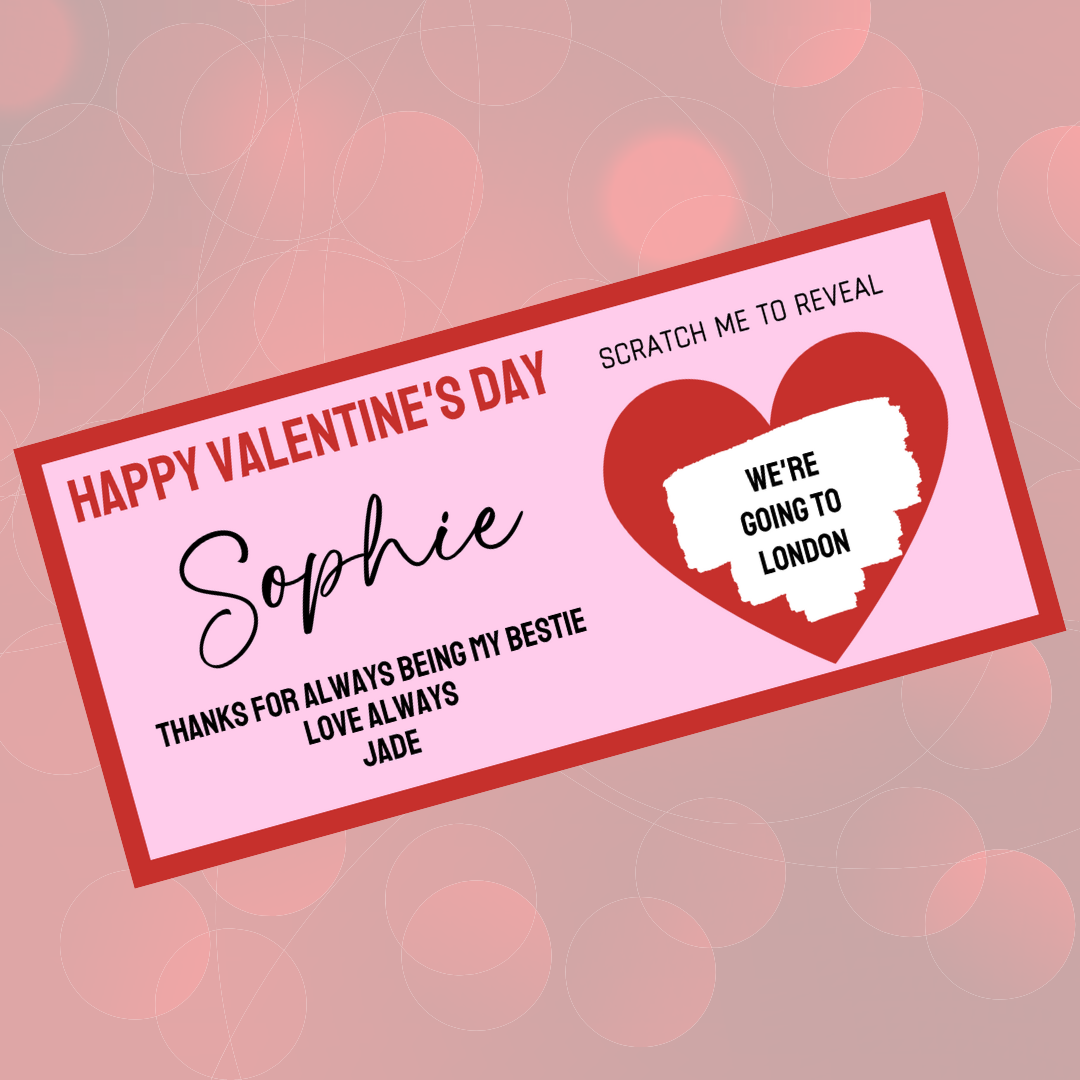Red & Pink Surprise Valentine Ticket Print | Personalised Valentine Ticket | Valentine Scratch Reveal | Bestie, Best Friend Valentine | Gift Idea, Design 2