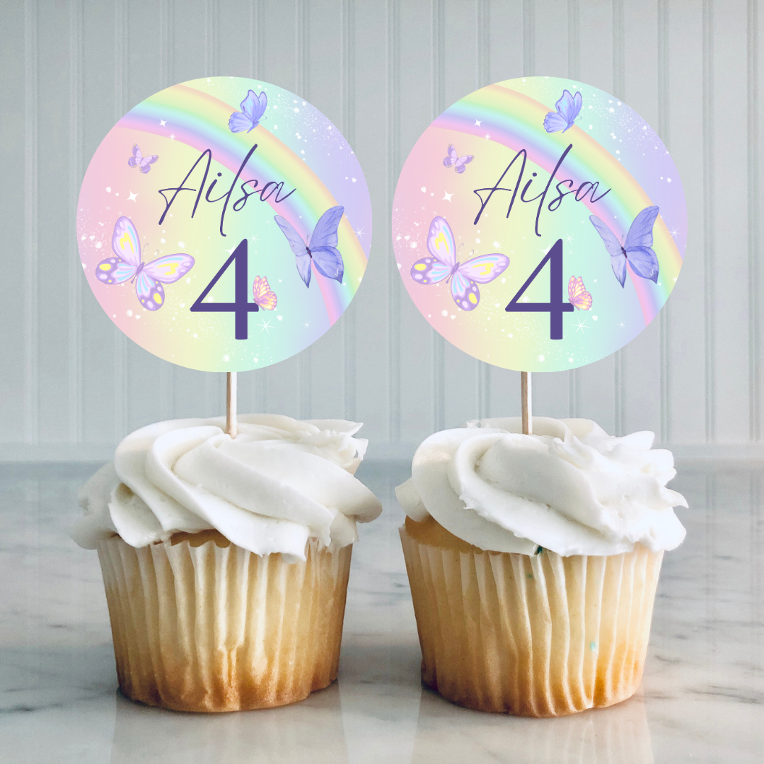 Rainbow Butterfly Cupcake Toppers | Rainbow Butterfly Birthday Cupcake Toppers | Party Decorations