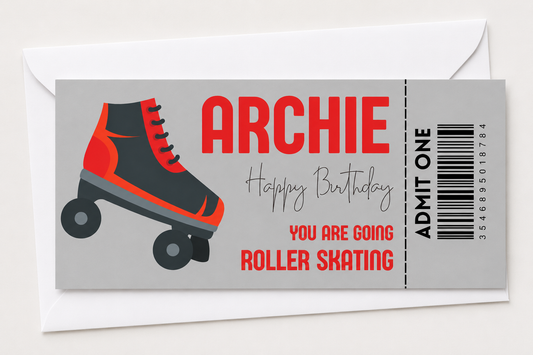 Surprise Ticket Print | Personalised Red Grey Roller Skating Ticket Pass Voucher Membership | Gift Idea - Dinky Designs