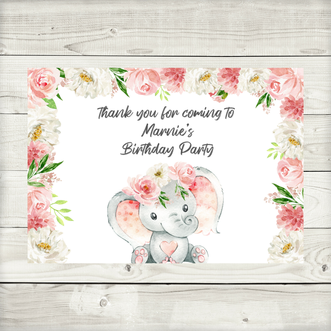 Rectangle Stickers | Party Stickers | Pink Floral Elephant Baby Shower, Birthday, Christening Stickers | Party Bag Stickers