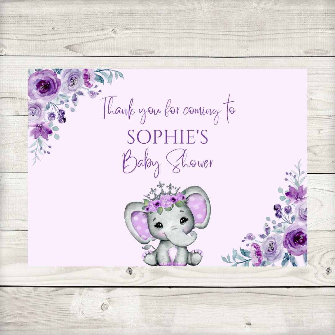 Rectangle Stickers | Party Stickers | Purple Floral Elephant Baby Shower, Birthday, Christening Stickers | Party Bag Stickers