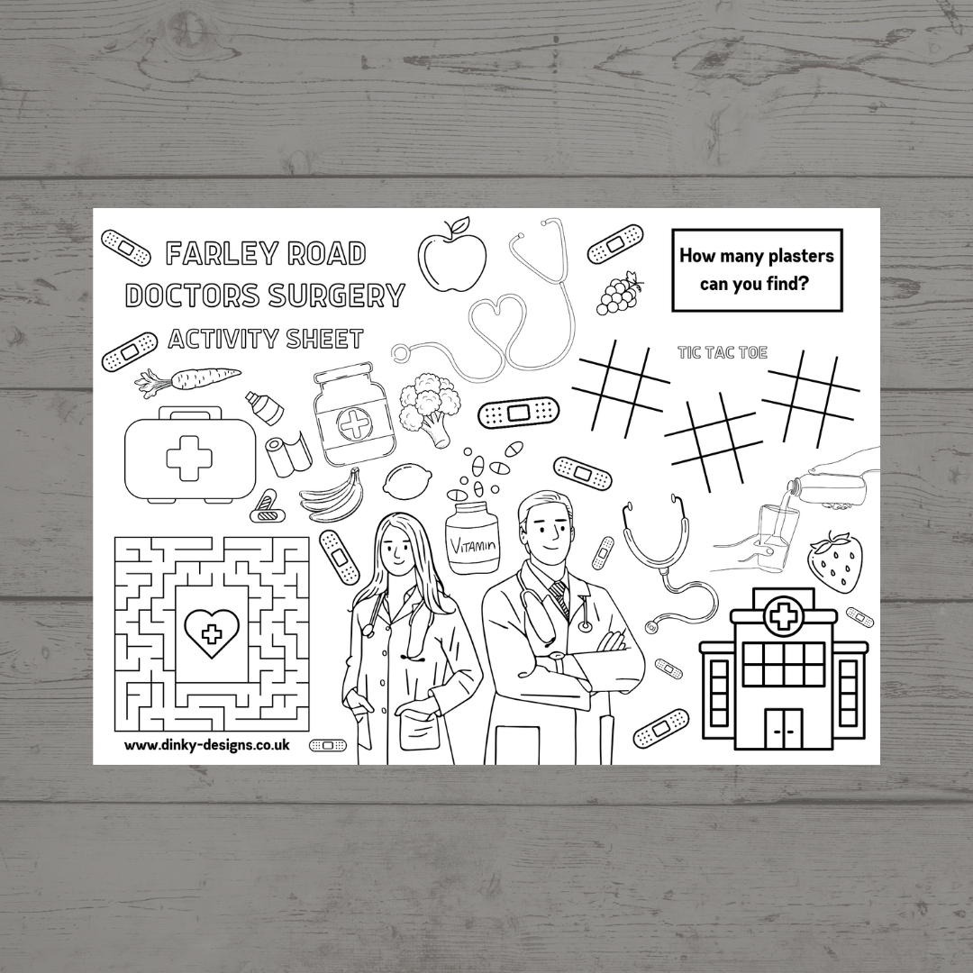 A4 Colouring Activity Sheets | Personalised Doctors Surgery Design Activity Sheets | Patient Waiting Room Activity - Dinky Designs