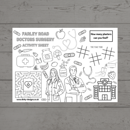 A4 Colouring Activity Sheets | Personalised Doctors Surgery Design Activity Sheets | Patient Waiting Room Activity - Dinky Designs