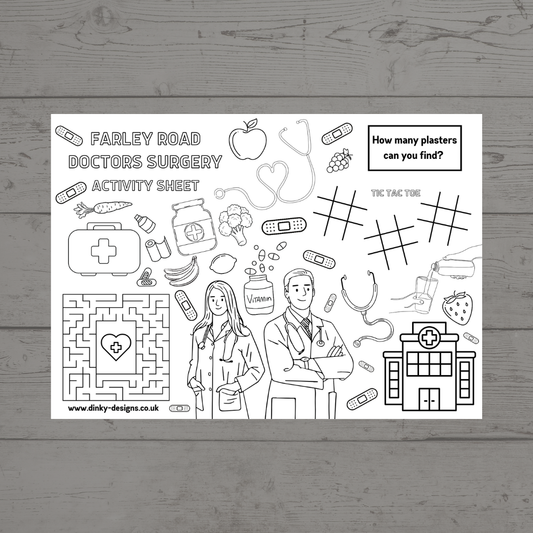 A4 Colouring Activity Sheets | Personalised Doctors Surgery Design Activity Sheets | Patient Waiting Room Activity - Dinky Designs