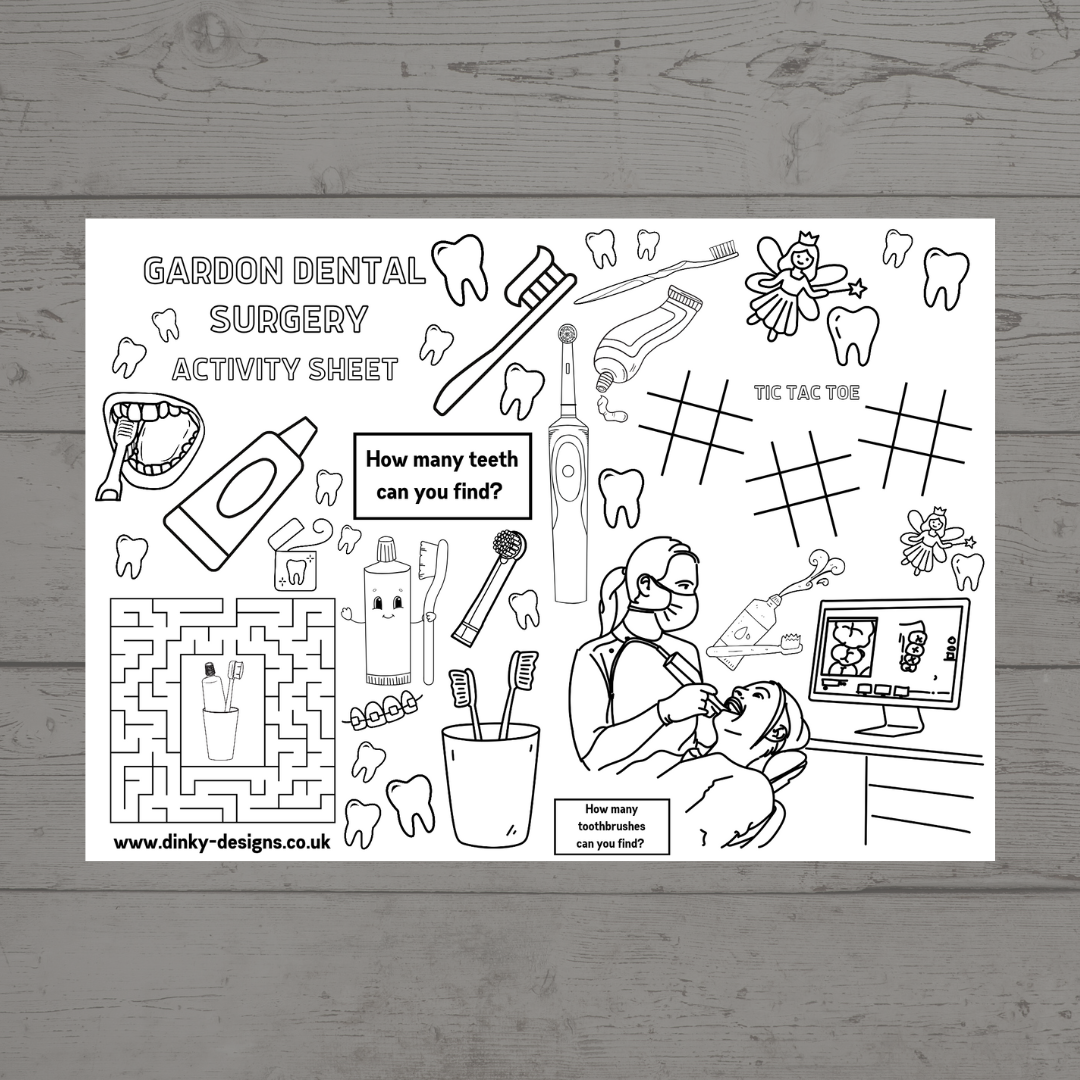 A4 Colouring Activity Sheets | Personalised Dentist Design Activity Sheets | Patient Waiting Room Activity - Dinky Designs