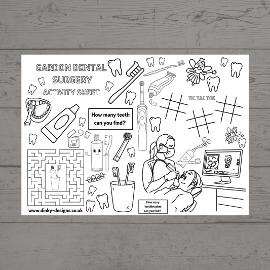 A4 Colouring Activity Sheets | Personalised Dentist Design Activity Sheets | Patient Waiting Room Activity - Dinky Designs