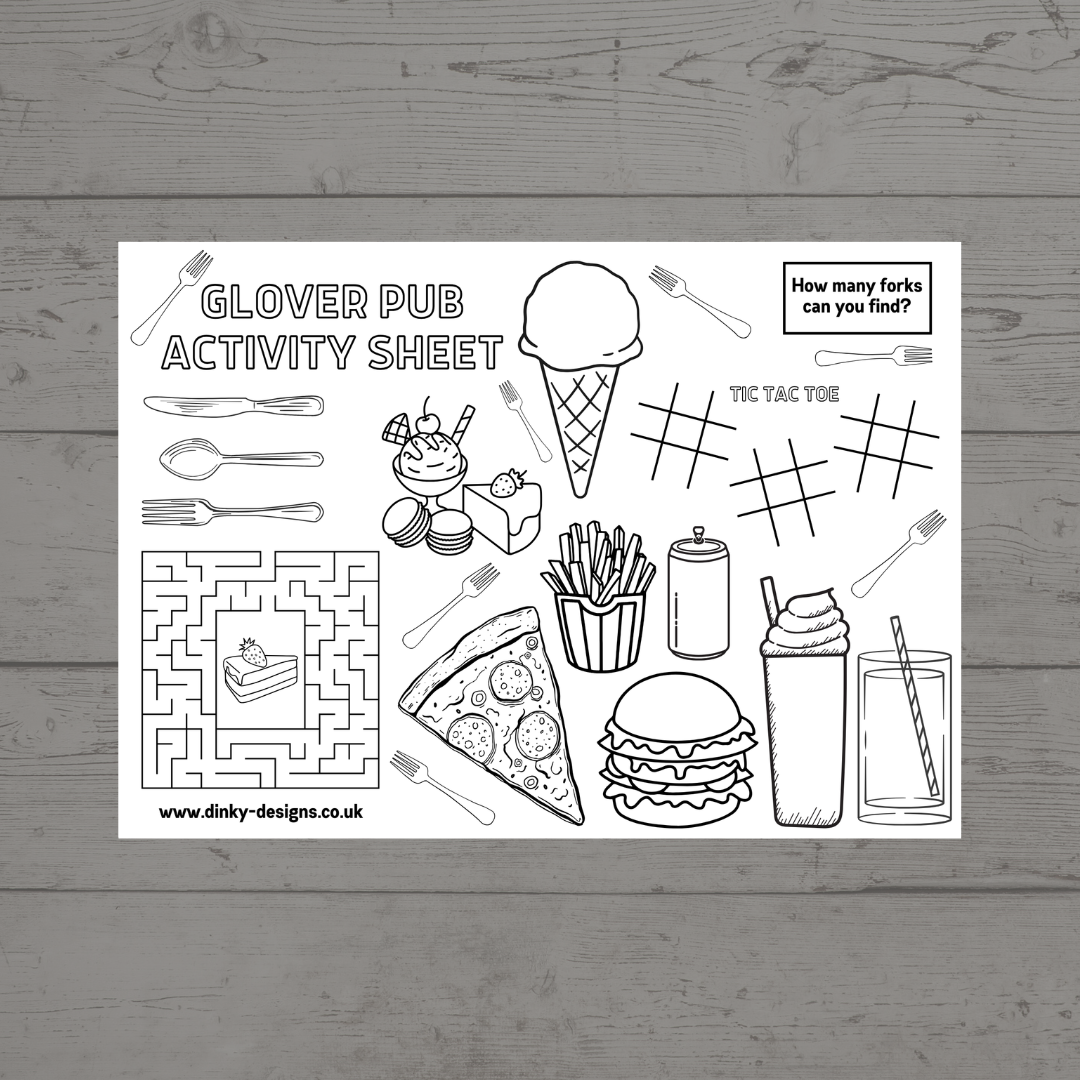A4 Colouring Activity Sheets | Personalised Pub Design Activity Sheets | Cafe Placemats - Dinky Designs
