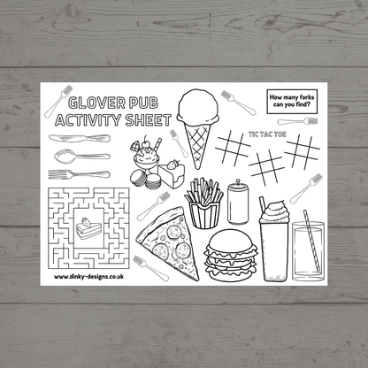 A4 Colouring Activity Sheets | Personalised Pub Design Activity Sheets | Cafe Placemats - Dinky Designs