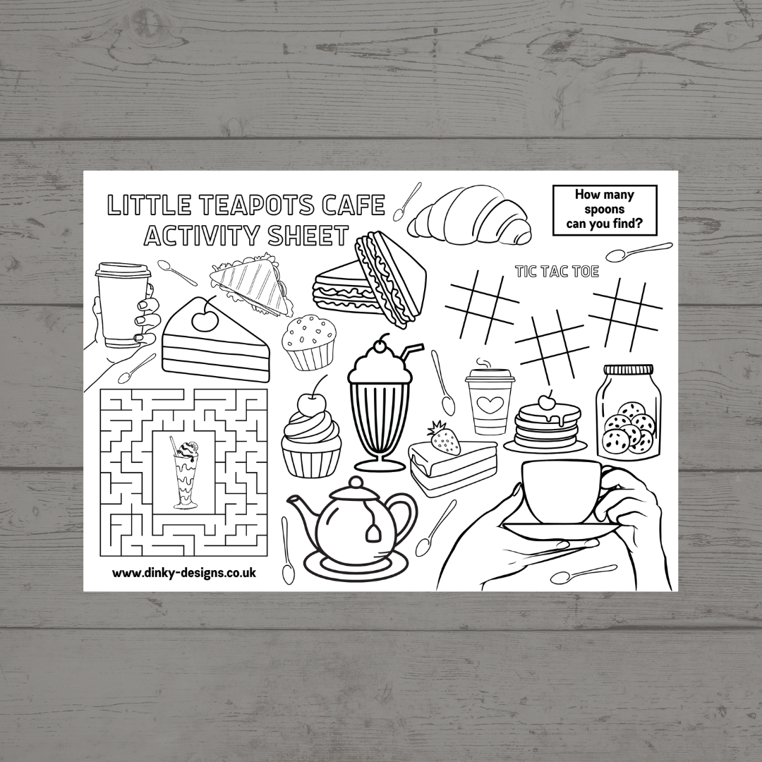 A4 Colouring Activity Sheets | Personalised Cafe Design Activity Sheets | Cafe Placemats - Dinky Designs