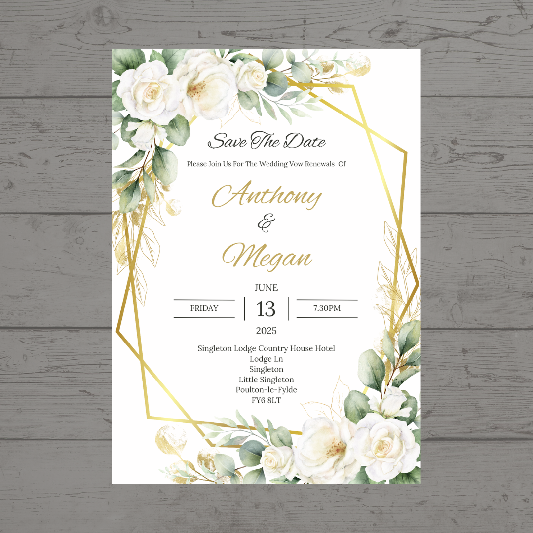 Wedding Invitations | A6 Invites | Green Gold Leaf Floral Wedding Theme Invitations | Wedding Party Invitations - Dinky Designs