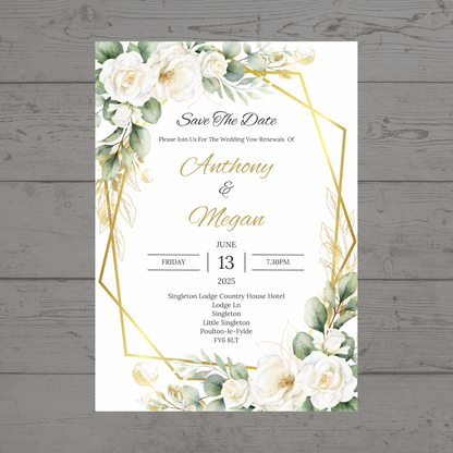 Wedding Invitations | A6 Invites | Green Gold Leaf Floral Wedding Theme Invitations | Wedding Party Invitations - Dinky Designs