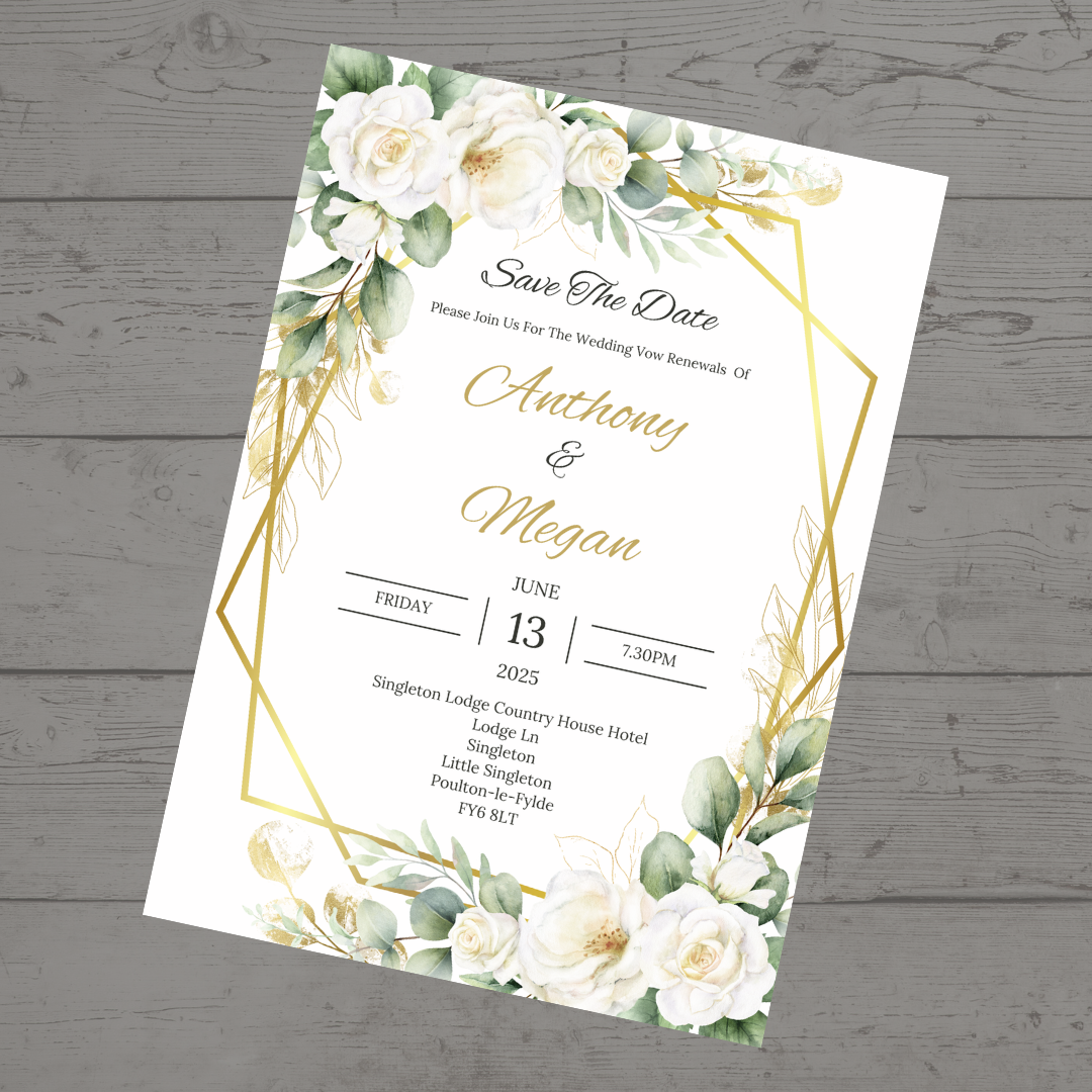 Wedding Invitations | A6 Invites | Green Gold Leaf Floral Wedding Theme Invitations | Wedding Party Invitations - Dinky Designs