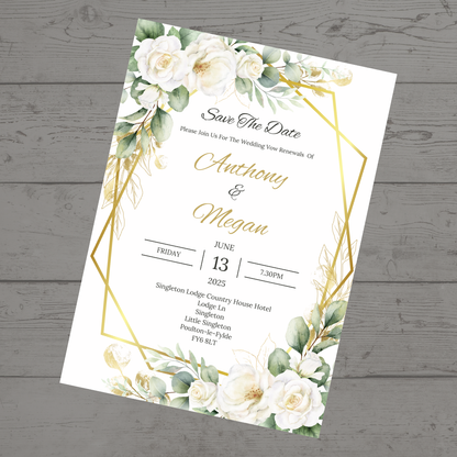 Wedding Invitations | A6 Invites | Green Gold Leaf Floral Wedding Theme Invitations | Wedding Party Invitations - Dinky Designs