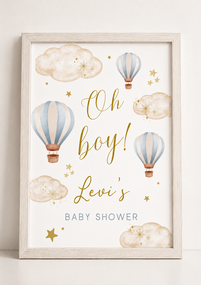 Blue Hot Air Balloon Baby Shower Welcome Print Sign | Personalised Baby Shower Print | Party Table Print | A4, A3