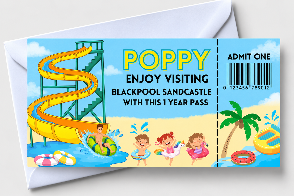 Surprise Ticket Print | Personalised Water Park Ticket Pass Voucher Membership | Gift Idea - Dinky Designs
