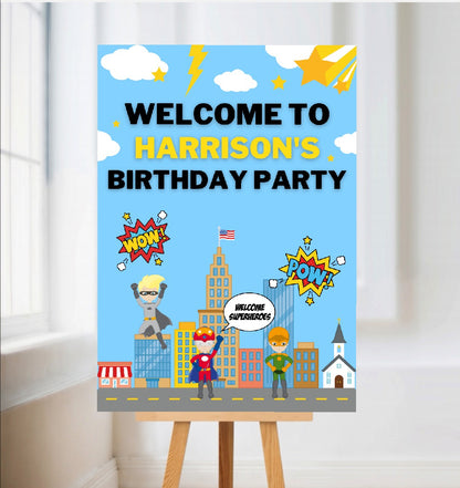 Superhero Welcome Board Sign | Personalised Superhero Birthday Board | Birthday Party Sign | A4, A3, A2