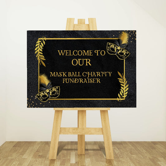 Black & Gold Welcome Board Sign | Personalised Masquerade Board | Masquerade Party Sign | A4, A3, A2