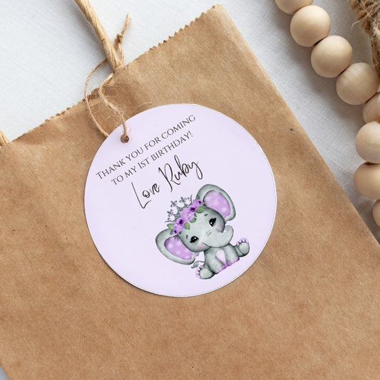 Purple Elephant Theme Birthday Party Gift Tags | Purple Elephant Theme Birthday Party | Circle Gift Tags | Design 1