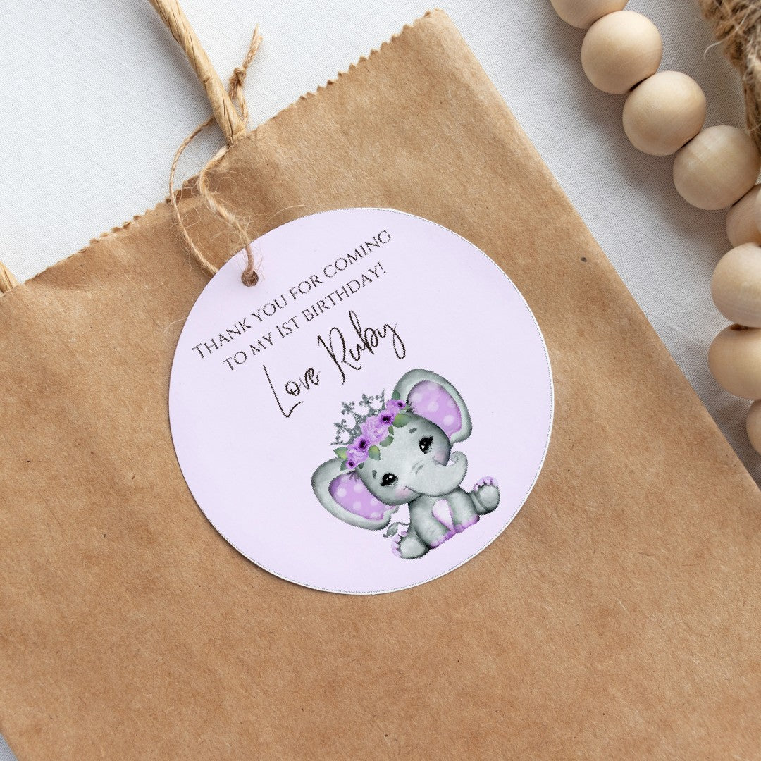 Purple Elephant Theme Birthday Party Gift Tags | Purple Elephant Theme Birthday Party | Circle Gift Tags